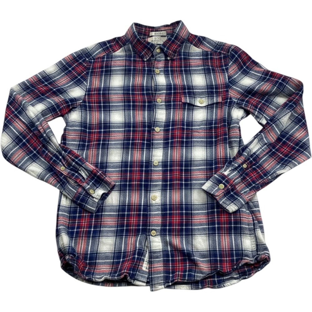 HM LOGG Mens Small Red Blue White Plaid Flannel Shirt Cotton Button Up